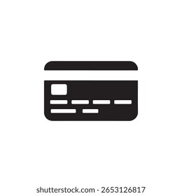 Ícone de cartão de crédito preto com fundo branco exibindo uma representação simples, mas detalhada de um gráfico de método de pagamento financeiro, adequado para vários projetos de design.