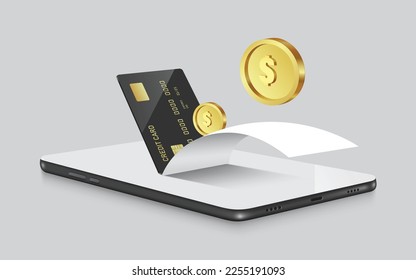 black credit card is insert into screen of smartphone, after which paper receipt and gold coins or dollars coins flow out of smartphone,vector 3d isolated for online financial transactions advertising