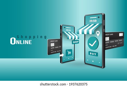 Black credit card insert smartphone store for payment shopping online,vector 3d on green background for delivery and online shopping concept concept design