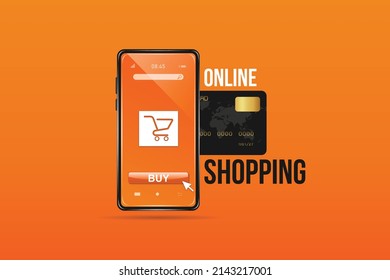 Black credit card inserted into a smartphone that looks like an online store. with shopping cart symbol for online shopping for shopping online concept design. on orange background.