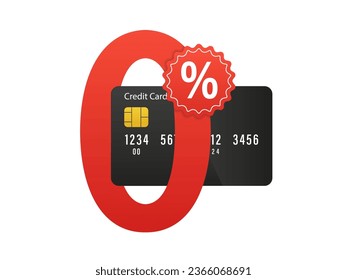 Black credit card is inserted into the center of the zero number red for interest promotion advertising design 0% or 0% fee, vector 3d,  for financial concept design. Vector illustration