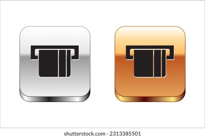 Black Credit card inserted in card reader icon isolated on white background. ATM cash machine. Silver-gold square button. Vector