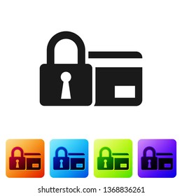 Black Credit card with lock icon isolated on white background. Locked bank card. Security, safety, protection concept. Concept of a safe payment. Set icon in color square buttons. Vector Illustration