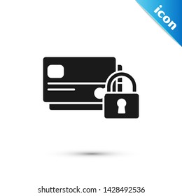 Black Credit card with lock icon isolated on white background. Locked bank card. Security, safety, protection concept. Concept of a safe payment.  Vector Illustration
