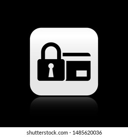 Black Credit card with lock icon isolated on black background. Locked bank card. Security, safety, protection concept. Concept of a safe payment. Silver square button. Vector Illustration