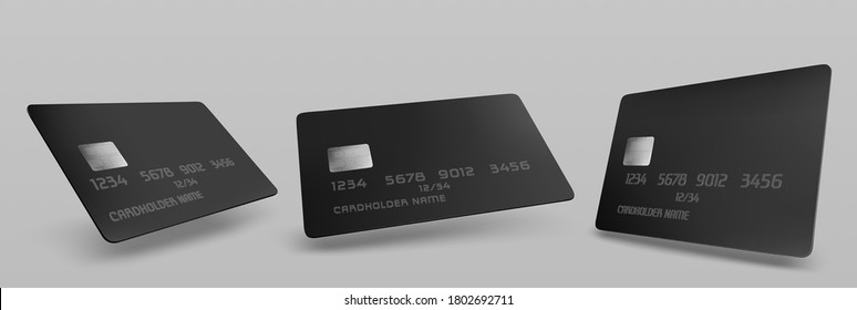 Burla de tarjeta de crédito negra, plantilla en blanco aislada con chip en fondo gris. Burla plástica para la presentación de identidad empresarial o de marca, herramienta financiera de pago, ilustración vectorial 3d realista