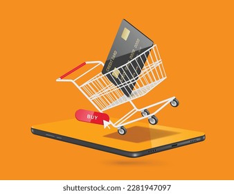 black credit card place in shopping cart or trolley and there's red buy button floating next to it and all place on smartphone ,vector 3d isolated for delivery ,e commerce ,online shopping concept