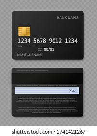 Black credit card. Realistic credit debit cards with chip, front and back side mockup for bank transaction vector isolated template