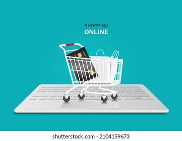 black credit card and shopping bag in cart and all object place on computer keyboard,vector 3d isolated virtual on blue green background for online shopping advertising concept design