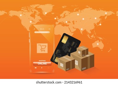 Black credit card with a smartphone that looks like clear glass. and the goods boxes with the world map are linked to the network. for online shopping concept design, on orange background.