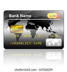 Black credit card with world map and security symbols. Banking concept 
