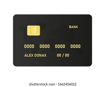 Black credit plastic card with chip. Contactless payment. Object on white background. Vector