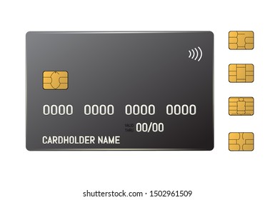 Black credit plastic card with emv chip. Contactless payment