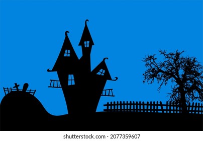 Black creepy crooked house on night blue background