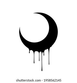 black crescent moon with drips of liquid on a white background