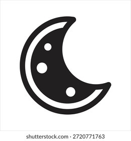 Ícone de lua crescente preta com detalhes circulares, isolado em um fundo branco, enfatizando temas celestes e do céu noturno.
