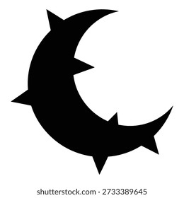 Black crescent moon with jagged edges and star points sharp