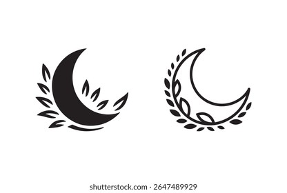 Lua Crescente Negra com Folhas Ícone para a Natureza, Projetos Celestiais e Minimalistas