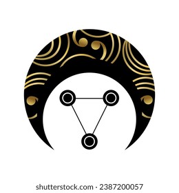 black crescent moon logo with triangle in the middle, alchemical, mystical, magic, celestial, esoteric, sacred, spiritual, occult inspired concept, graphic logo, tarot card, astrological symbol