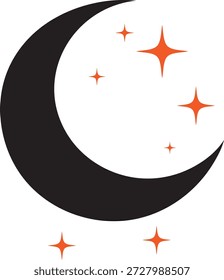 Una luna creciente negra se coloca en el lado izquierdo de un fondo blanco. Varias Formas naranjas de estallido estelar están esparcidas alrededor de la luna, con algunas apareciendo más cerca y más Grande, y otras más Pequeño y más lejos. La composición general es simple y gráfica.