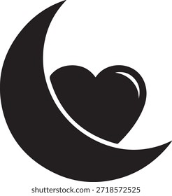 Forma de luna creciente negra acunando un símbolo de corazón negro sólido con un amor resaltado blanco