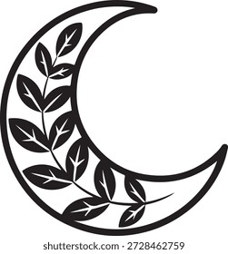 Forma de lua crescente preta com símbolo decorativo de ramo frondoso