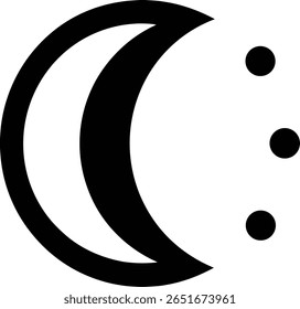 Uma forma de lua crescente preta é mostrada à esquerda com três pontos pretos alinhados verticalmente à direita, todos contra um fundo branco. Design gráfico simples.