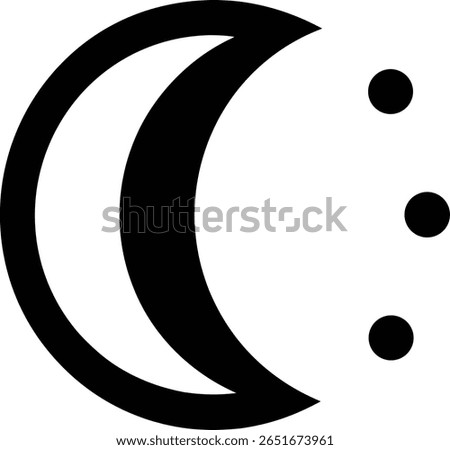 A black crescent moon shape is shown on the left with three black dots vertically aligned on the right, all against a white background. Simple, graphic design.