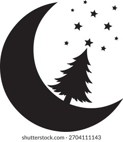 Luna creciente negra con la silueta del árbol de pino y las estrellas dispersas en la noche del fondo blanco