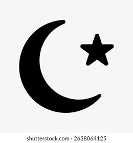 Black crescent moon and star on white background. Simple crescent moon and star design. Crescent moon and star symbol in bold black. Crescent moon and star icon. User interface icon vector.