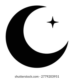 A black crescent moon and star symbol on a transparent background for design use