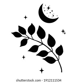 Black crescent moon with stars and branch. Design element for logos icons. Vector illustration. Modern Boho style doodle art svg