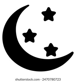 Black crescent moon with stars isolated icon. Vector illustration