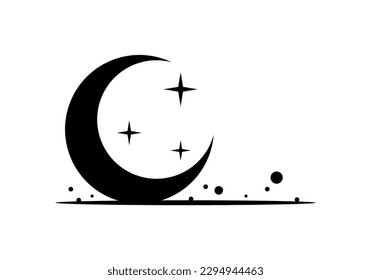 Black crescent moon and stars witch magic boho tattoo icon flat vector design