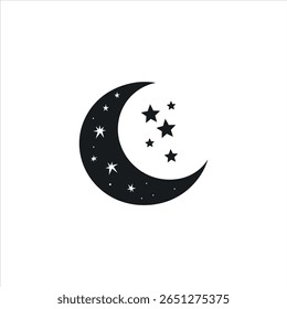 Black crescent moon with stylized stars clustered beside it, shown as a vector icon. Night sky theme suitable for design elements, stickers, or decorations on a white background.