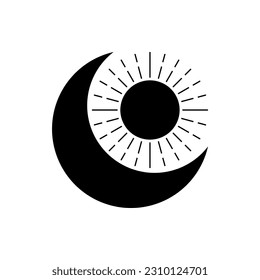 Black crescent moon with sun sunshine light rays boho icon flat vector design