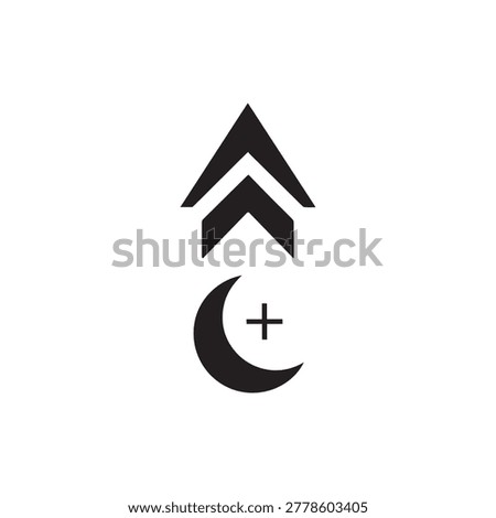 Black crescent moon symbol with plus sign and arrow icon on white background, mystical logo design