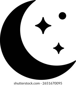 A black crescent moon, two stars, and a circle are displayed on a white background, creating a simple yet elegant graphic art design for various applications.