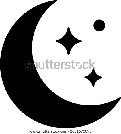 A black crescent moon, two stars, and a circle are displayed on a white background, creating a simple yet elegant graphic art design for various applications.