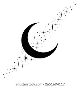 Lua crescente negra com estrelas negras de tamanhos variados e pequenos pontos que se arrastam de ambos os lados contra um fundo branco design gráfico simples