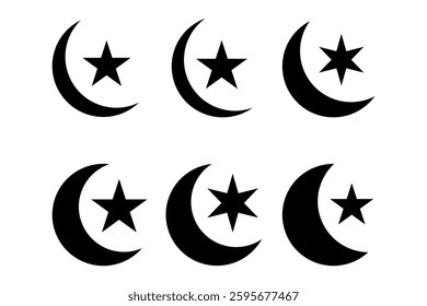 Black Crescent and Star Designs and Islamic Moon Symbol Icons