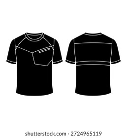 Schwarze Crew Neck T-Shirt-Vorlage mit asymmetrischen Nähten und Brusttasche, Vorder-und Rückseite Ansicht Vektorgrafik