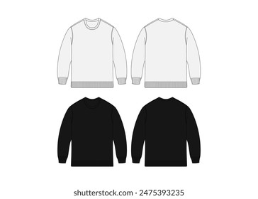 Black Crewneck Sweatshirt Vector Mockup Streetwear Sweater Template, Casual Winter Wool Crewneck Technical CAD Drawing Fashion Flats Illustration Streetwear Sweatshirt Vector Mockup Illustration 