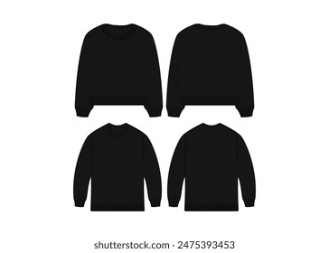 Black Crewneck Sweatshirt Vector Mockup - Men’s Crewneck Sweater Apparel Design - Flat Vector Template for Casual Winter Clothing Black Crewneck Sweatshirt Vector Mockup Template Crewneck Sweater