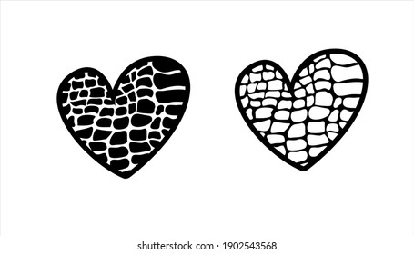 Black crocodile animal print hearts on a white background. Vector illustration