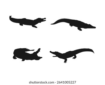 Black Crocodile Silhouette. Crocodile Vector Illustration. Crocodile Silhouettes Against a White Background.