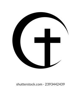 Black cross christian crucifix religion on crescent moon icon vector design