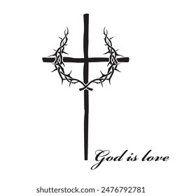 black cross and crown of thorns isolated on white background