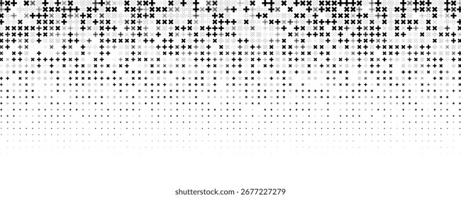 Gradiente de meio-tom de cruz preta formando fade geométrico abstrato. Mínima textura moderna, padrão monocromático, transição digital dinâmica para cartazes, capas, web. Ilustração vetorial.