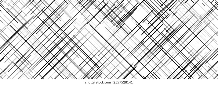 Black cross hatch seamless pattern. Diagonal line repeating texture surface. Rough sackcloth or burlap fabric material background. Crosshatch linen canvas overlay wallpaper. Vector backdrop